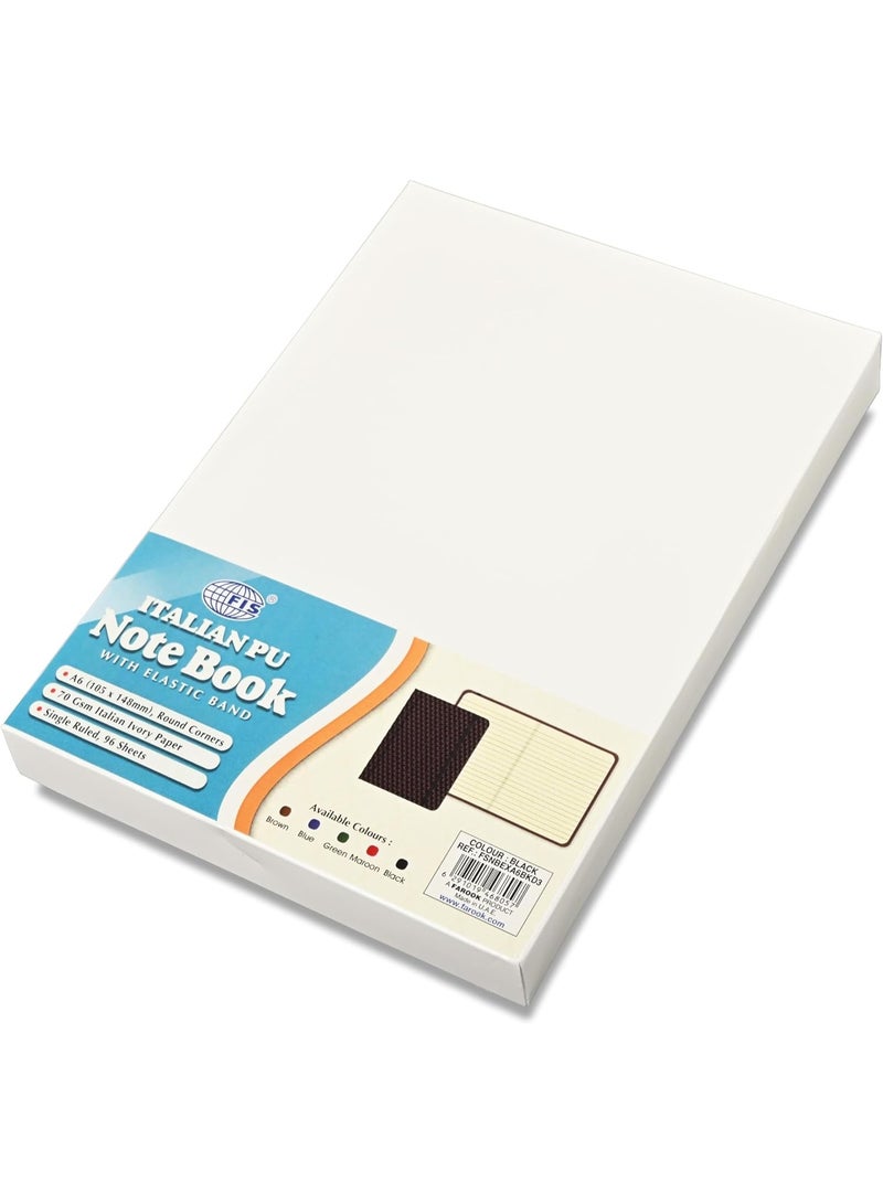 FIS® Executive Notebook, Italian PU Materials, A6 Size(105x148mm,) Round Corners, 96 Sheets, Single Ruled, 70gsm Italian Ivory Paper with Elastic Band Closure, 1 Piece, Black Color-FSNBEXA6BKD3 - Image 2